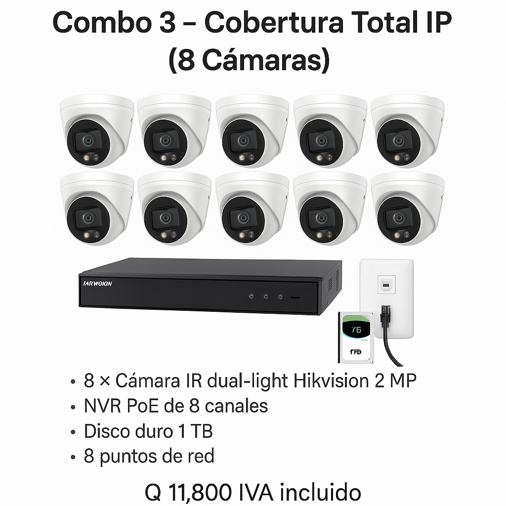 Combo IP 8 Cámaras – Dual Light 2 MP + NVR PoE + HDD 1TB + Instalación