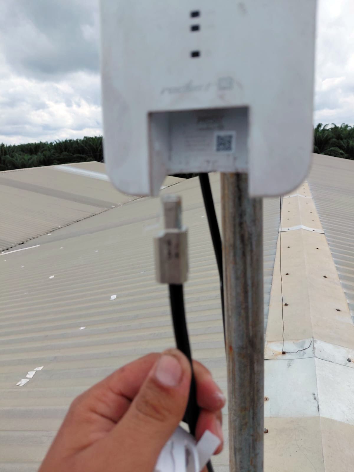 Antena de enlace inalámbrico punto a punto instalada en techo de planta industrial
